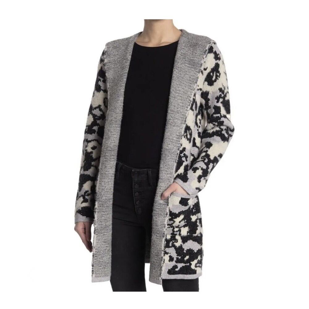 CYRUS Gray Black Camo Hooded Knit Open Front Long Sleeve Women's Cardigan Size L